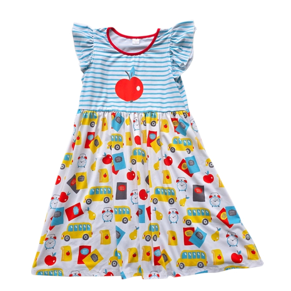 Penelope Plumm Kids Dress Twirl Colorful with Apple And School Print Size 12